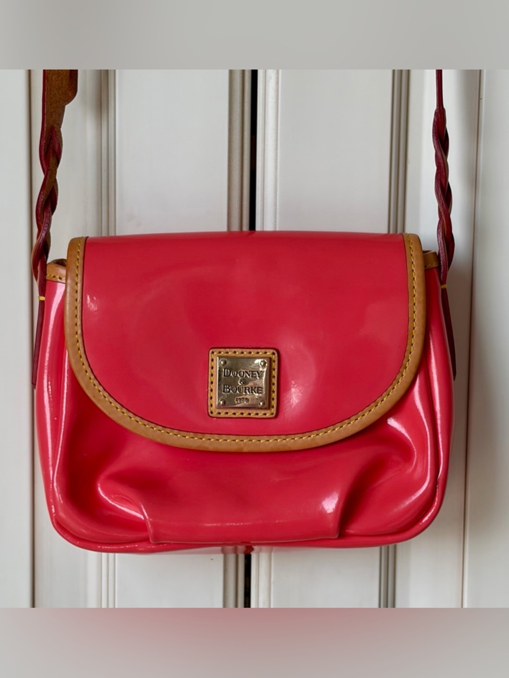 Dooney & Bourke Coral Patent Crossbody with Tan Trim. Small size.